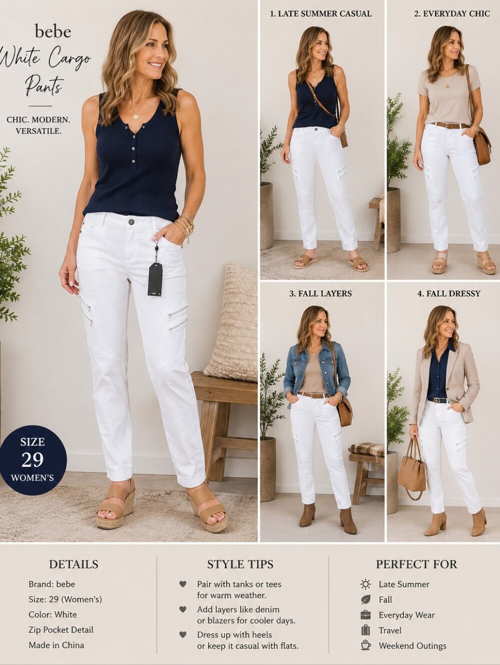 NwT Bebe White MOTO Zip Ankle Skimny Jeans 29